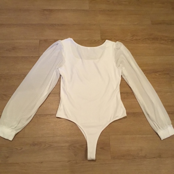 Women’s Square Neck Sheer Mesh Long Puff Sleeve Bodysuit Blouses Top - Picture 7 of 7